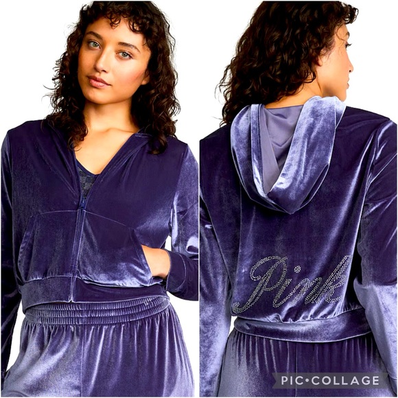 PINK Velour Shine Logo Full-Zip Crop Hoodie - Picture 1 of 2